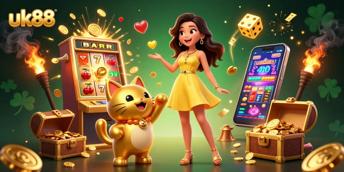 Experience thrilling gaming moments with uk88, showcasing a joyful interaction between a lucky cat and a beautiful woman.