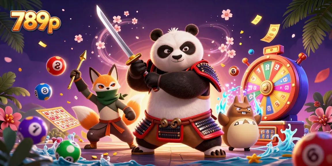 Engage with 789p's vibrant casino experience featuring a dynamic scene of samurai panda and ninja fox amidst lottery elements.