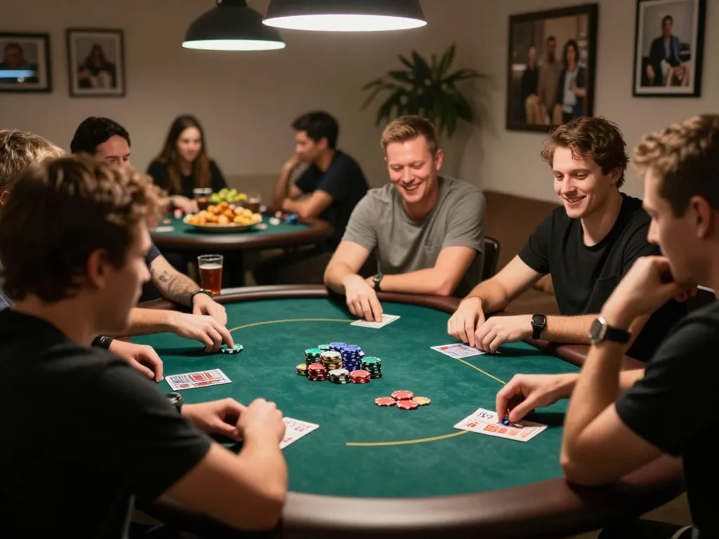 Players enjoying an intense home poker night, showcasing engagement with 98win9.