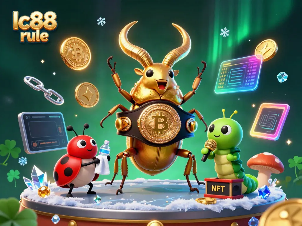 Engage with the vibrant lc88 rule scene featuring a golden stag beetle and NFT-inspired elements in a thrilling casino showdown.