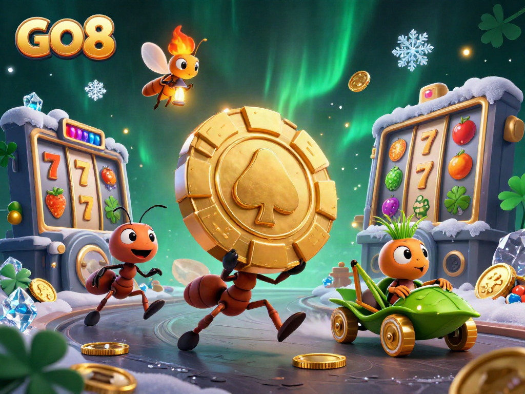 Experience the excitement of GO 8 with a heist scene featuring ants, poker chips, and dynamic slot game elements.
