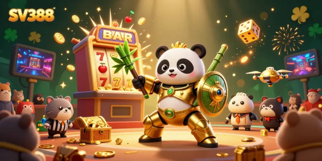 SV388 features a mech-suit panda in a dynamic cockfighting arena with vibrant casino elements.