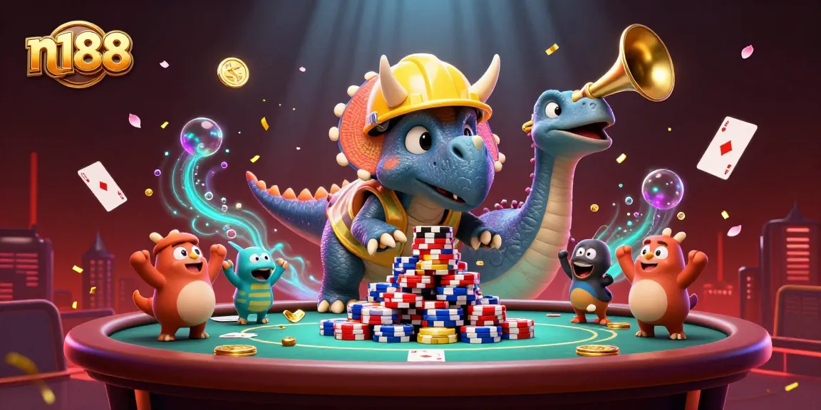 Experience the excitement of n188 with a triceratops building a poker chip pyramid and joyful companions in a vibrant scene.