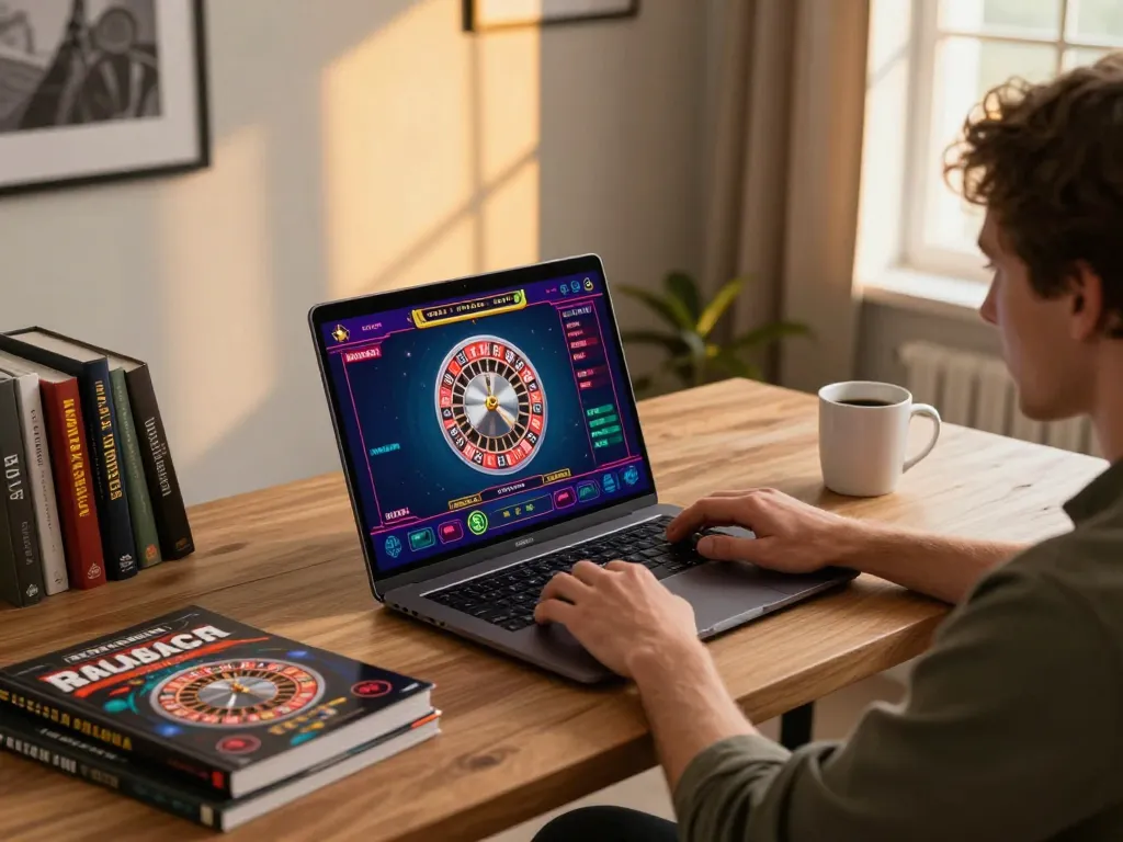 Engaged player at home using https://98win8.co.com/ for online gambling, focusing on a thrilling roulette game.