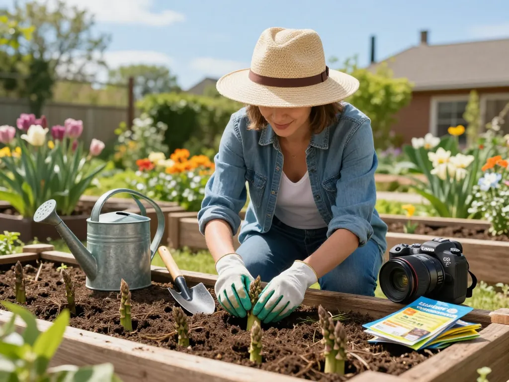Aspergeklauwen kopen: Gardener planting asparagus crowns in a lush garden.