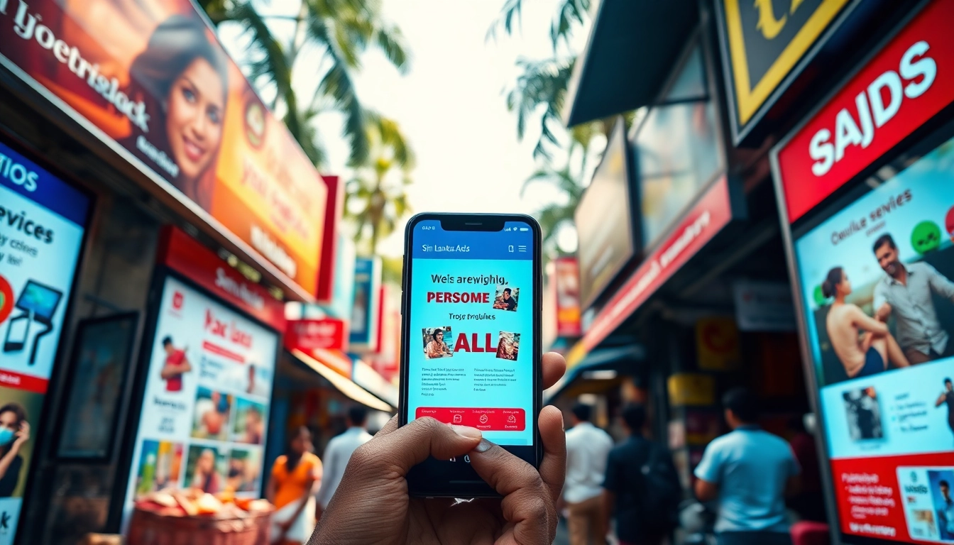 Sri Lanka Ads marketplace scene showcasing vibrant digital billboards and mobile devices featuring local ads.