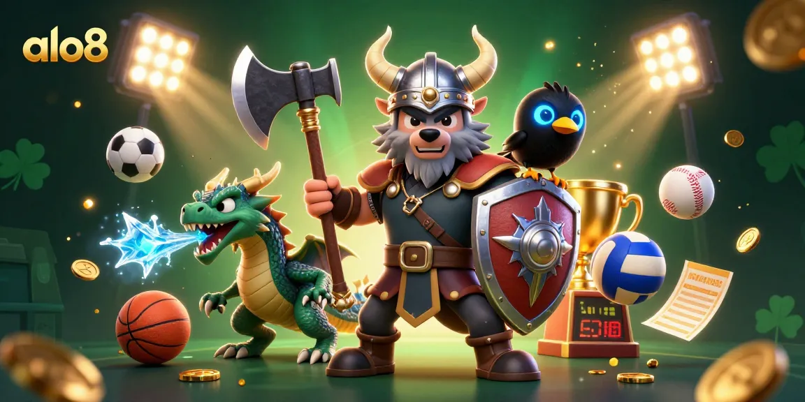 Bet on sports with the alo8 Viking warrior and dragon in 3D casino illustration.