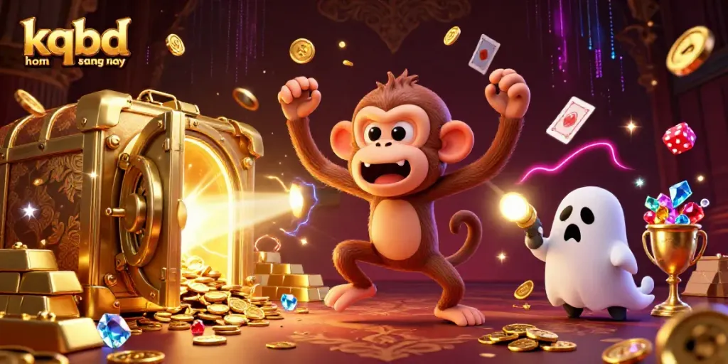 A dynamic scene showcasing the lively atmosphere of kqbd hom qua va sang nay, featuring playful characters amidst golden treasures and casino elements.