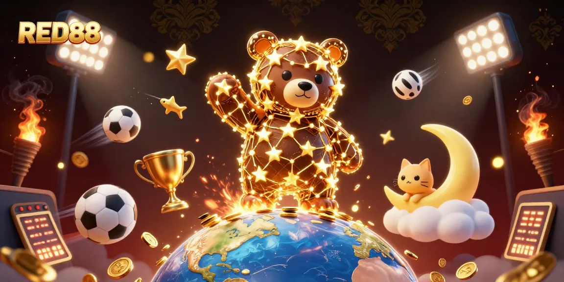 Engage with RED88's thrilling gaming experience, featuring a constellation bear and dynamic sports elements.