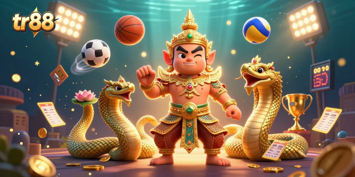 Experience winning strategies at TR88 with this vibrant casino illustration of games and sports elements.