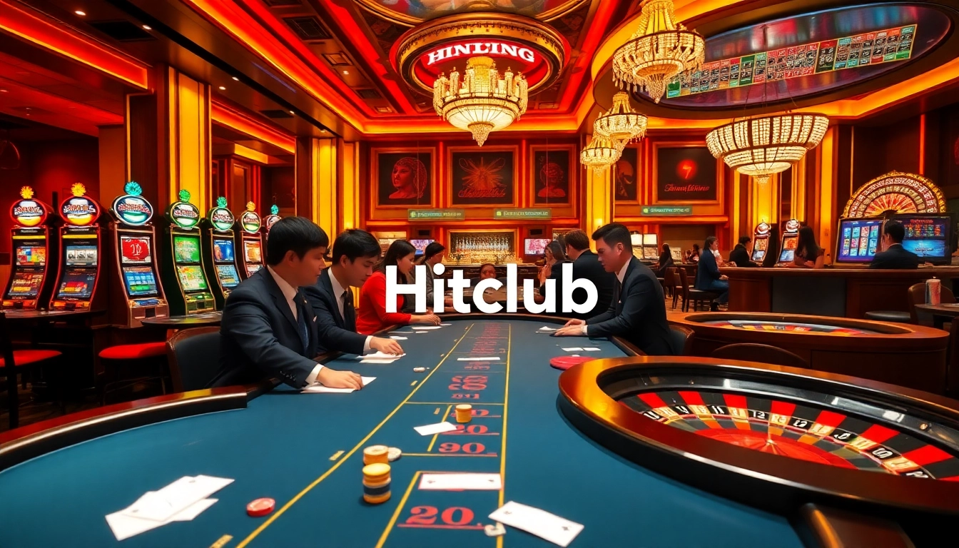 Players enjoying a thrilling game at Hitclub casino with vibrant slot machines and poker tables.