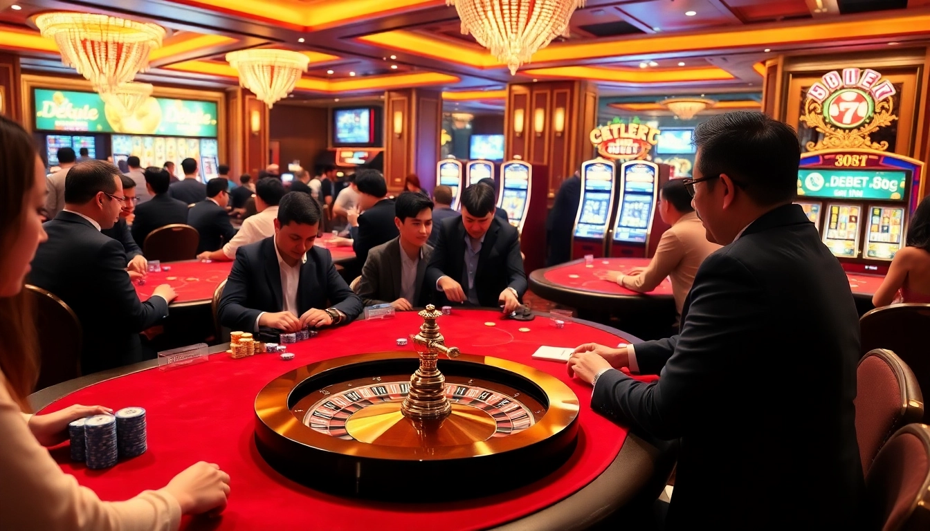 Experience the excitement of DEBET casino with vibrant gaming tables and engaging players.
