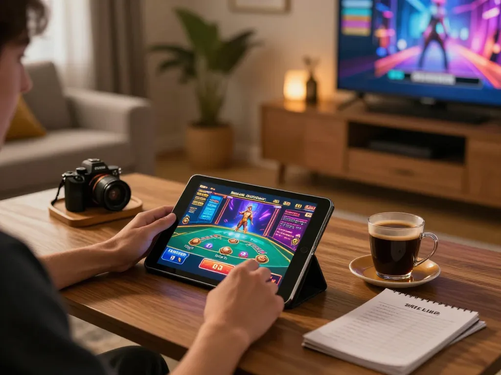 Engaged player enjoying Uk88 online gaming experience on tablet, surrounded by notes and coffee.