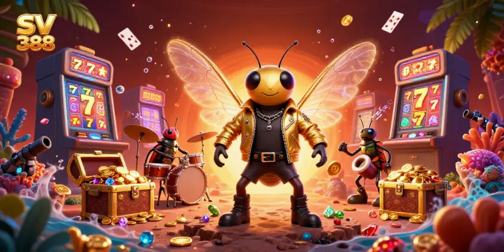 Experience the excitement of SV 388 with an energetic casino scene featuring vibrant characters and stunning gameplay elements.