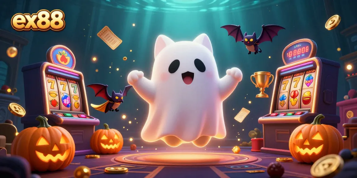 Join the fun at ex88 with a friendly ghost cat and vampire bat in a vibrant haunted casino scene.