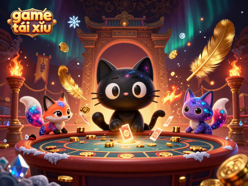 Engage in the game tài xỉu with a cosmic cat and colorful fox amidst a vibrant casino