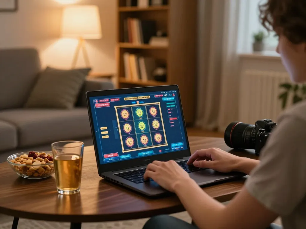 Player enjoying go88 online slots from home, showcasing real-time gameplay on a laptop.