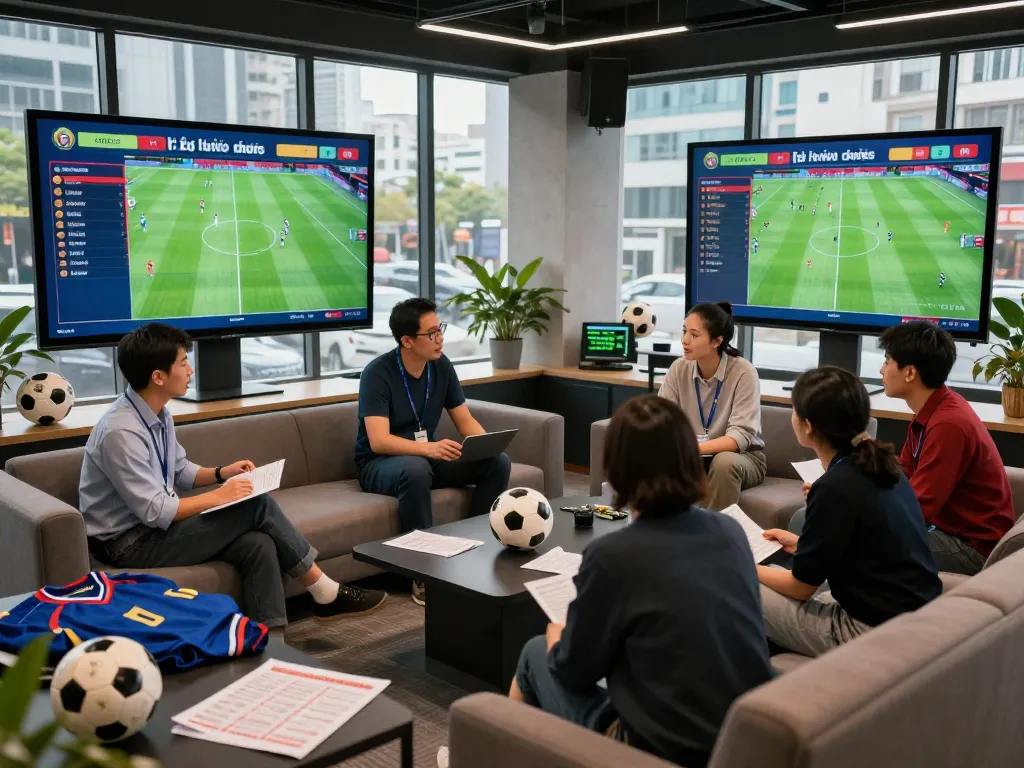 Enthusiastic analysts discussing tỷ lệ kèo bóng đá in a vibrant sports betting lounge.