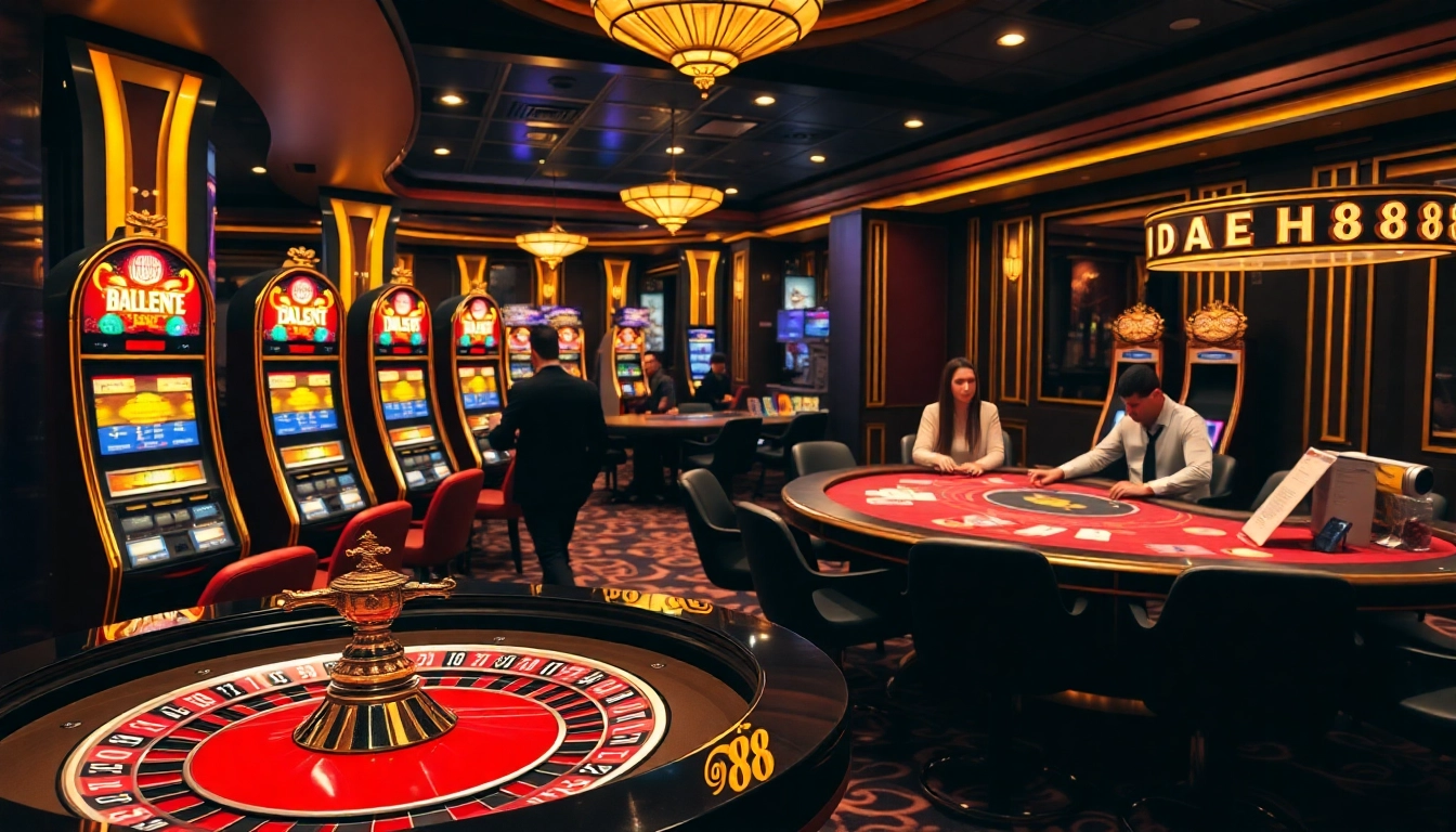 Exciting gambling atmosphere at DA88 casino with vibrant slot machines and roulette.