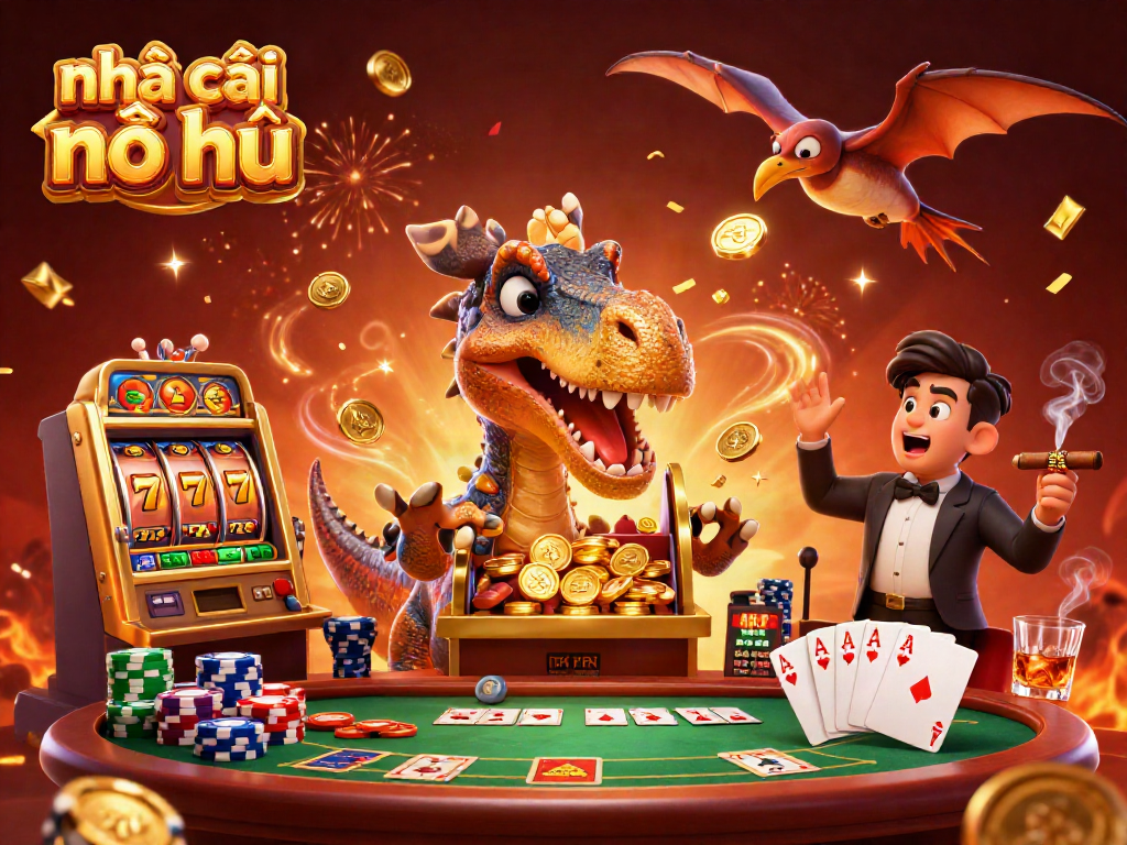 Experience thrilling wins at nhà cái nổ hũ with a dynamic jackpot scene featuring animated dinosaurs celebrating!