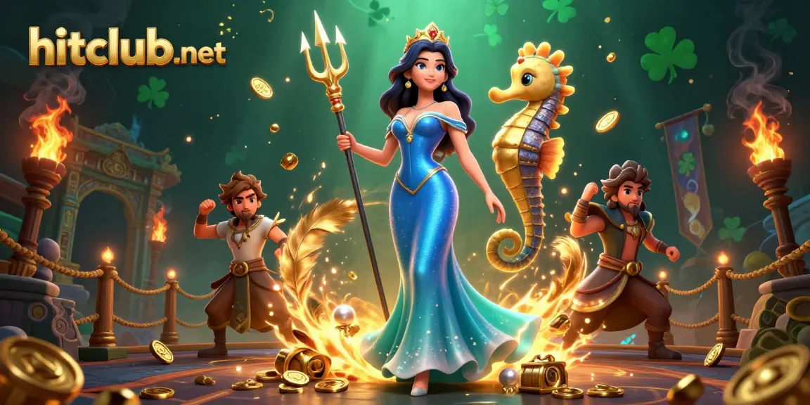 Engage with the immersive world of hitclub-net through an exhilarating underwater casino scene featuring dynamic characters and treasures.