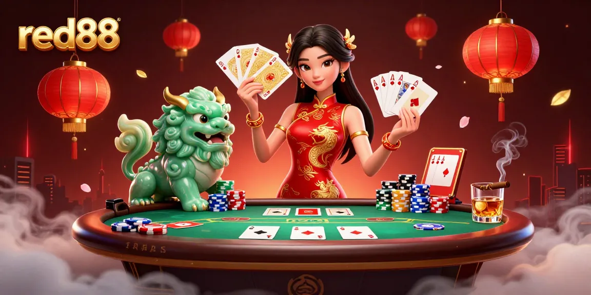 Experience the excitement of red88 with players at a poker table surrounded by vibrant elements.
