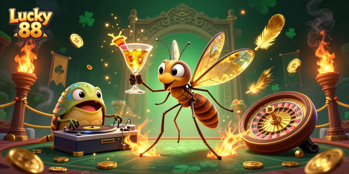 Experience Lucky 88 as a vibrant casino scene featuring a frozen-in-amber mosquito mascot with golden elements.