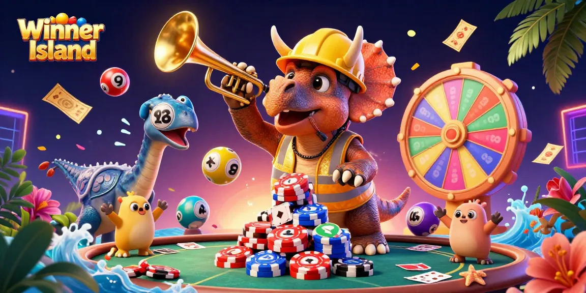 Winner Island showcases a vibrant casino scene with a triceratops stacking poker chips amidst animated lottery elements.