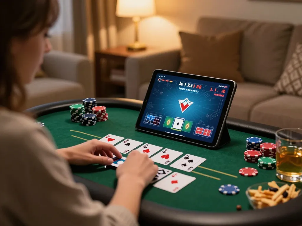 Engaged player strategically placing bets in a vswin online poker game from home, showcasing a relaxed gaming atmosphere.