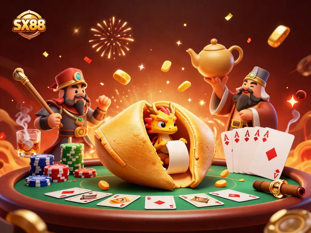 SX88 winning strategies illustrated with a vibrant casino scene featuring a dragon and poker elements.