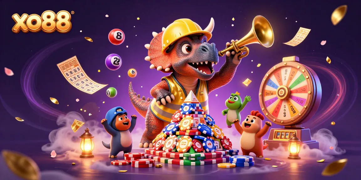 Experience the excitement of xo88 with a vivid lottery-themed celebration featuring cartoon dinosaurs.