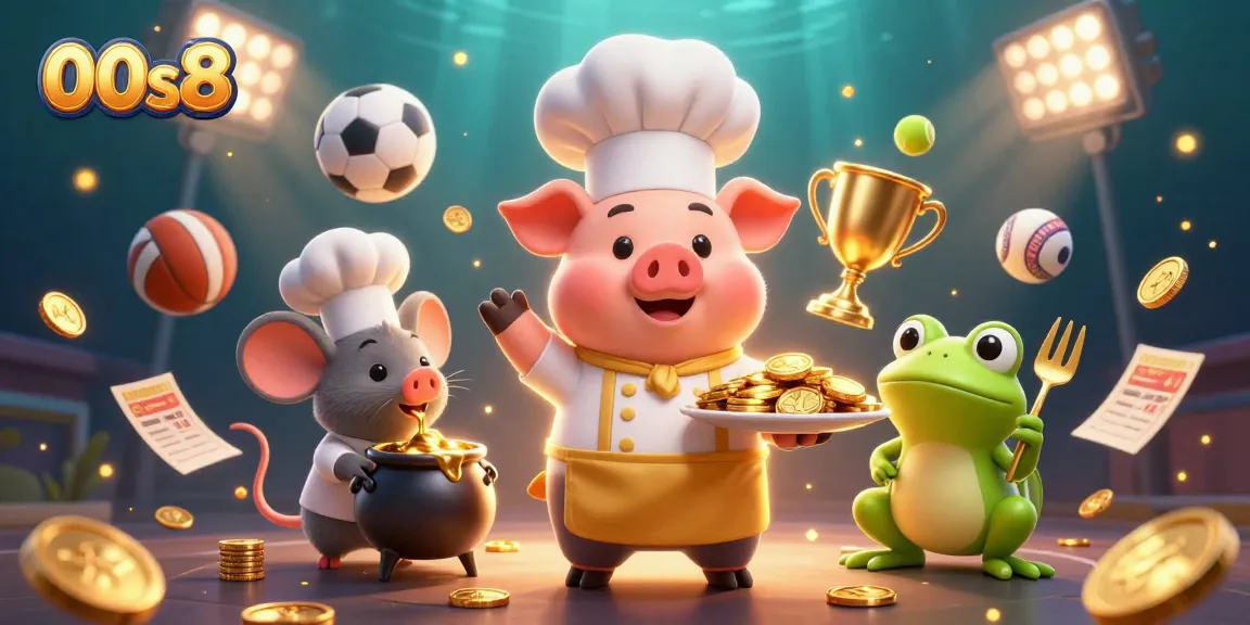Experience thrilling gaming with 00s8 through a vibrant chef scene and gold coins flying around.