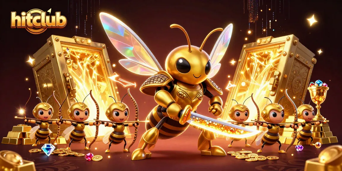Hitclub showcases a vibrant 3D scene with a hornet samurai and treasure elements, emphasizing winning opportunities.