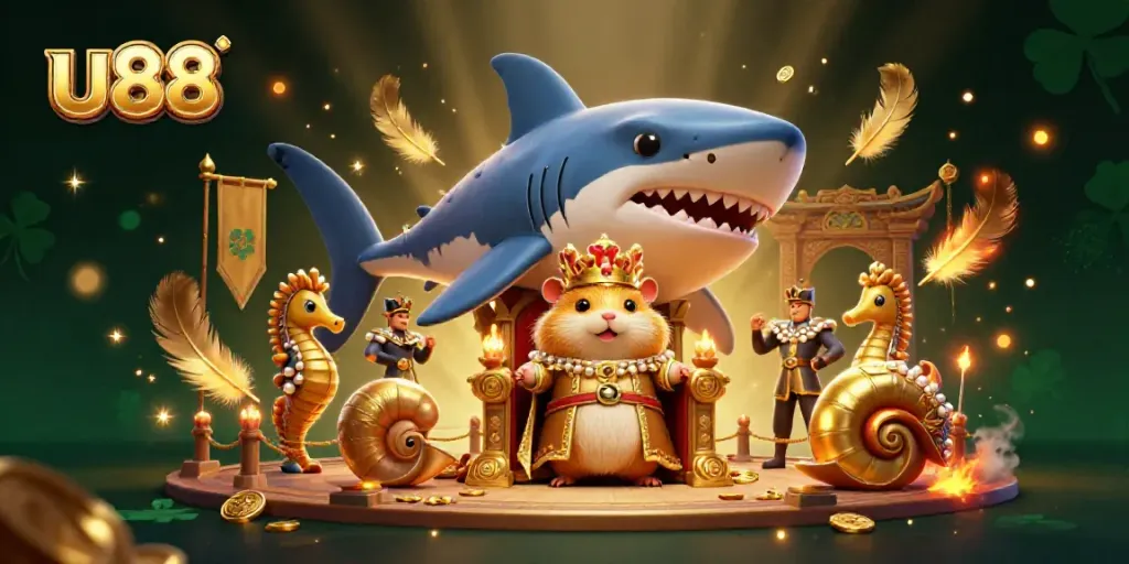 Experience exhilarating gameplay with u88, featuring a fierce hamster king on a megalodon throne surrounded by seahorse guards and nautilus allies.