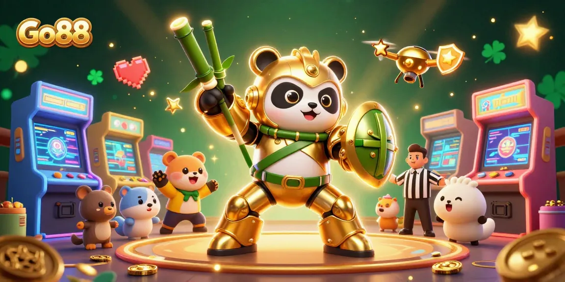 Engage with Go88 in a vibrant 3D casino arcade featuring a golden panda in action.