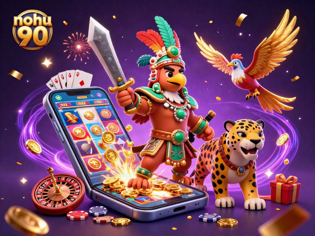 Nohu 90 showcases an Aztec warrior and jaguar amidst vibrant casino elements, capturing thrilling gaming energy.