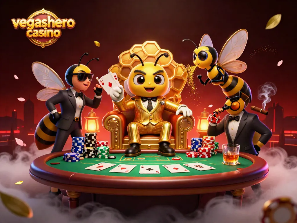 Engage with vegashero casino in an epic gaming scene featuring a buzzing mob boss and vibrant poker elements.