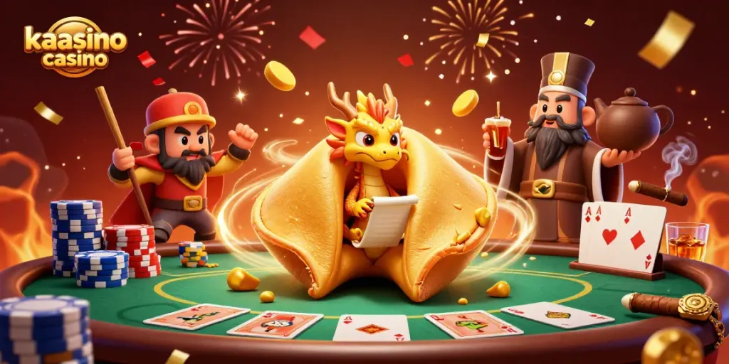 Kaasino casino showcases a vibrant 3D scene featuring a golden fortune cookie, wise dragon, and poker elements, capturing the gaming excitement.