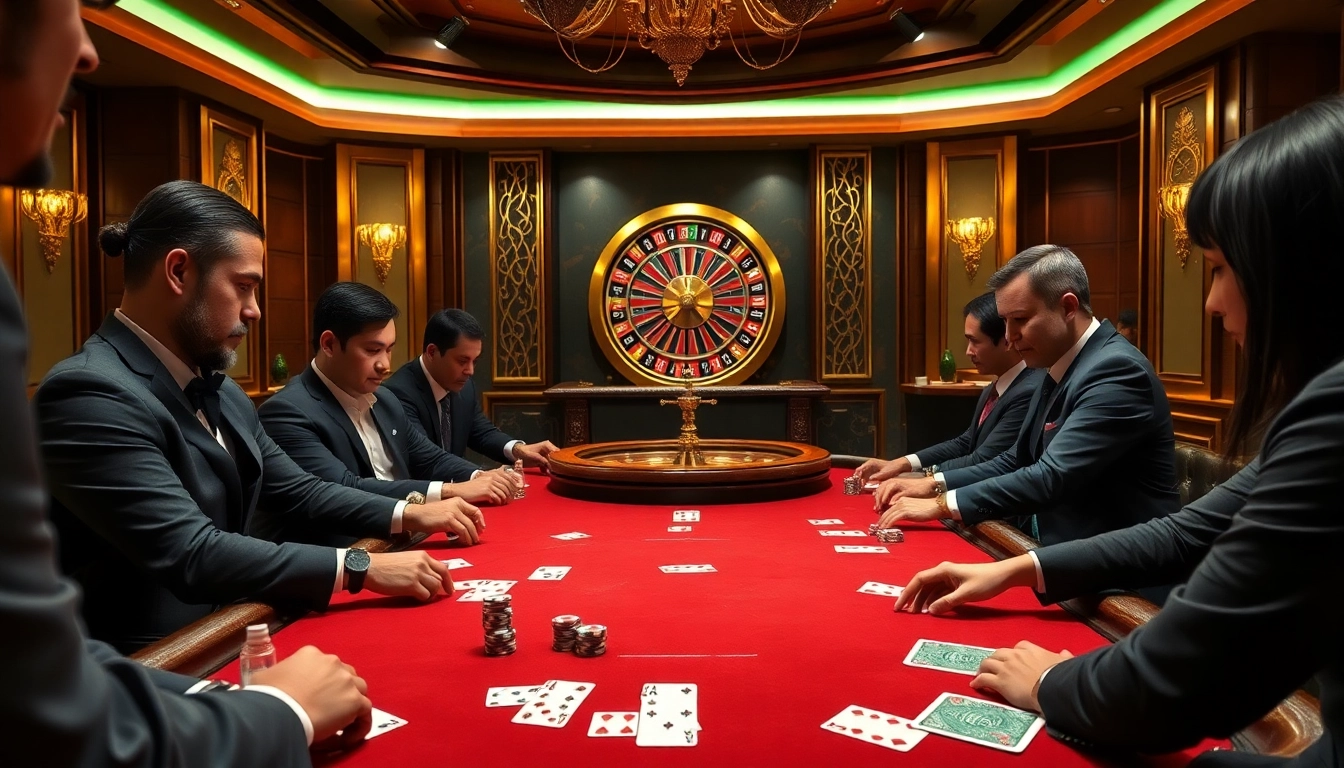 Players strategizing at a poker table in a glamorous casino setting at https://da88st.com/.