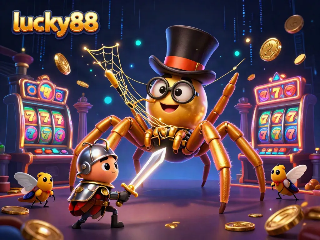 Experience lively gameplay at lucky88 with a whimsical tarantula, knight, and dynamic gaming elements.