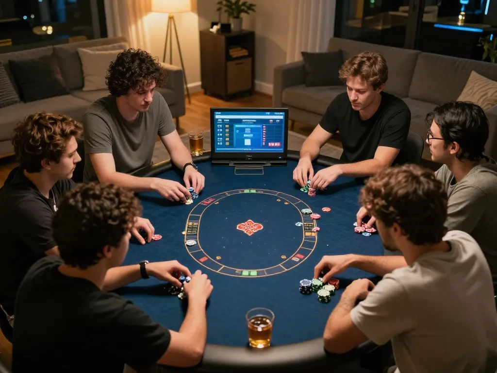 Players engage in a strategic online poker game with Uk88 interface, showcasing a lively home atmosphere.