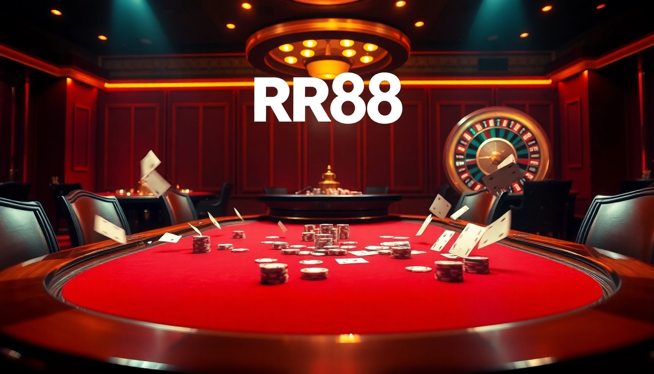 RR88 poker players immersed in a thrilling casino atmosphere with vibrant colors.