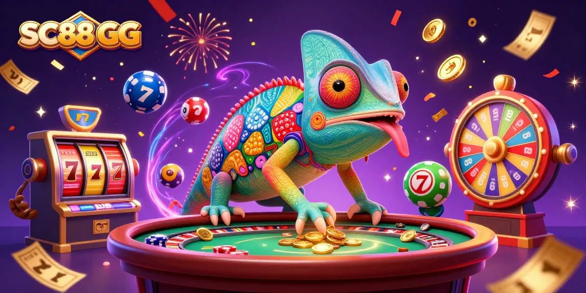 Engage with SC88 GG as the vibrant chameleon casino owner attracts golden coins amid lively slot reels and lottery balls.