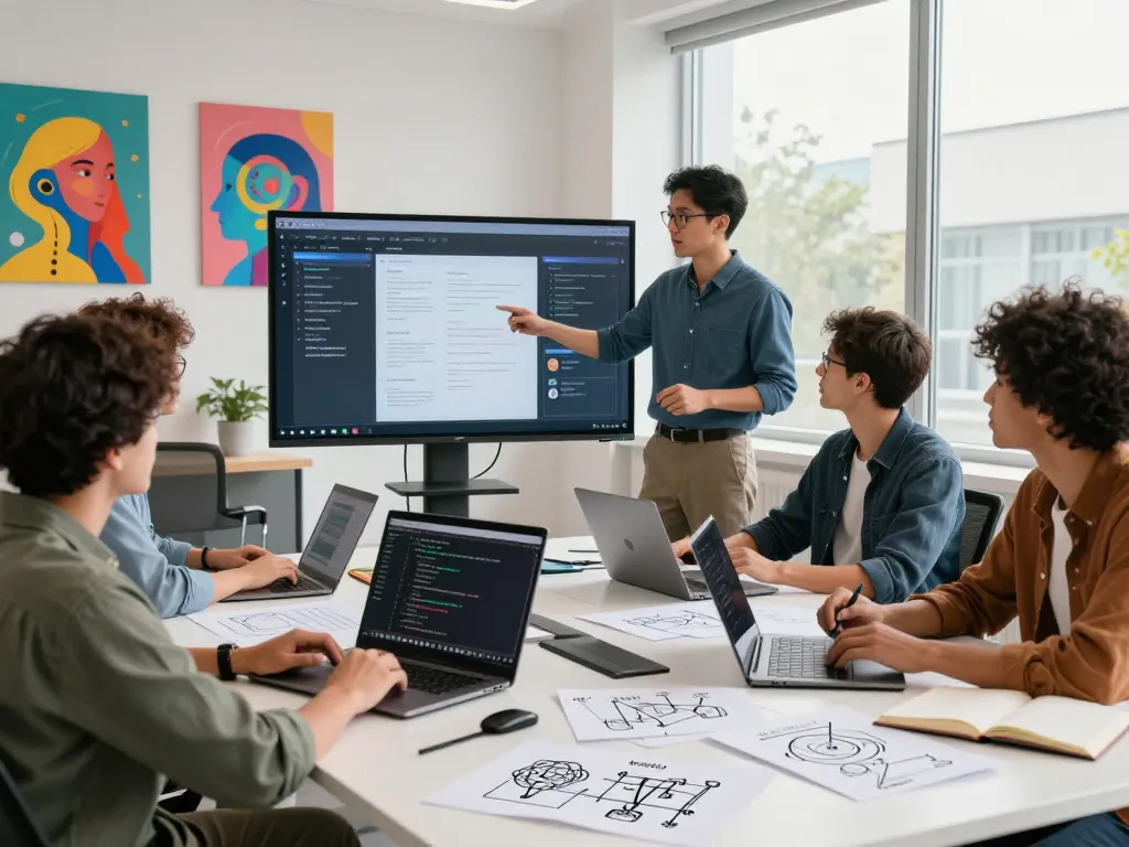 juicy ai developers collaborating in a vibrant digital workspace, showcasing innovative AI projects and creative teamwork