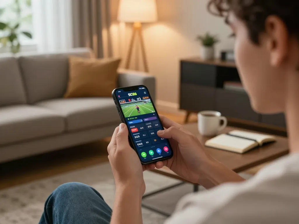 Engaging with SC88 Link for sports betting on a smartphone in a cozy living room