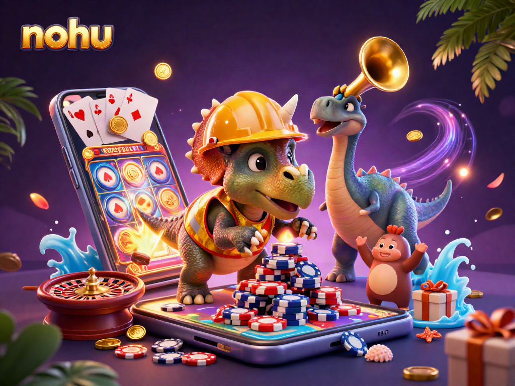 Nohus cheer as a triceratops builds poker chip pyramids, celebrated by a parasaurolophus in a dynamic casino scene.