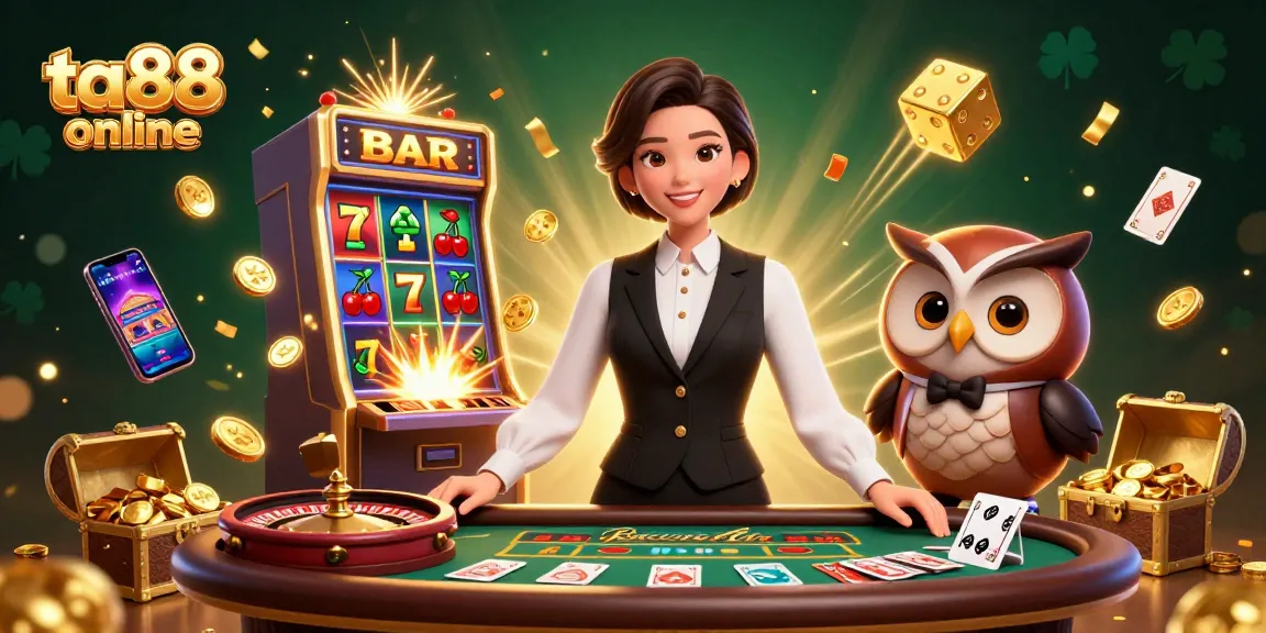 Play exciting games at ta88 online, featuring a vibrant baccarat table and dynamic 3D slot machine.
