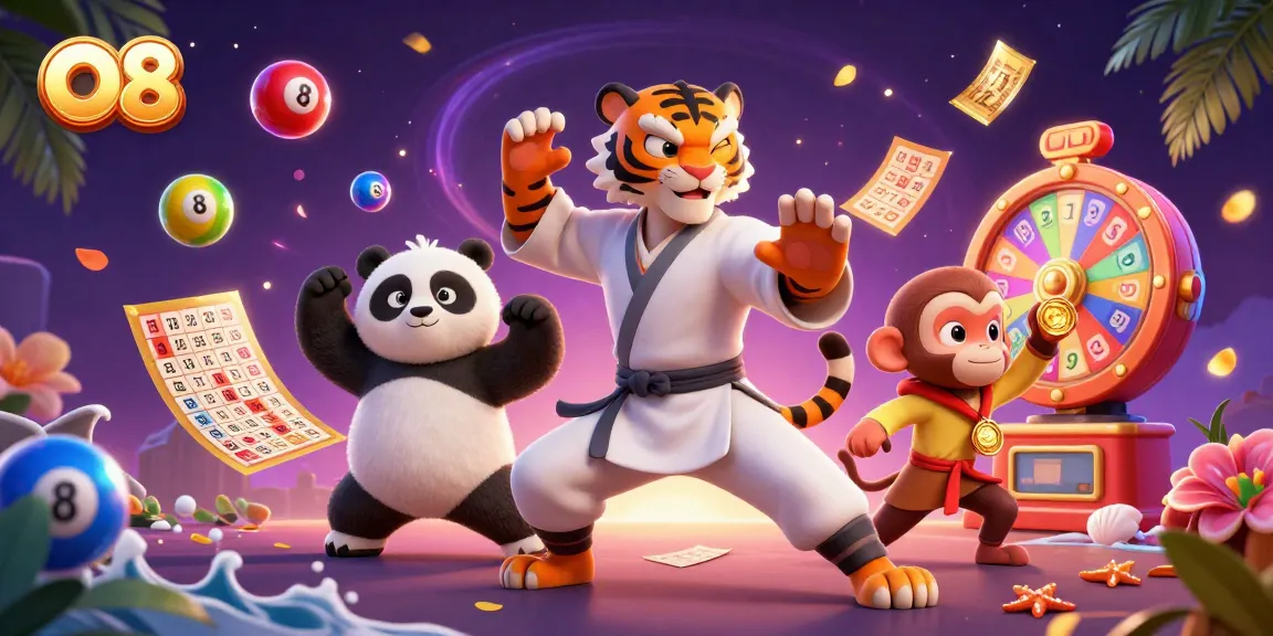 Experience the thrill of O8 gaming with a vibrant dynamic scene of animated characters and colorful lottery elements.