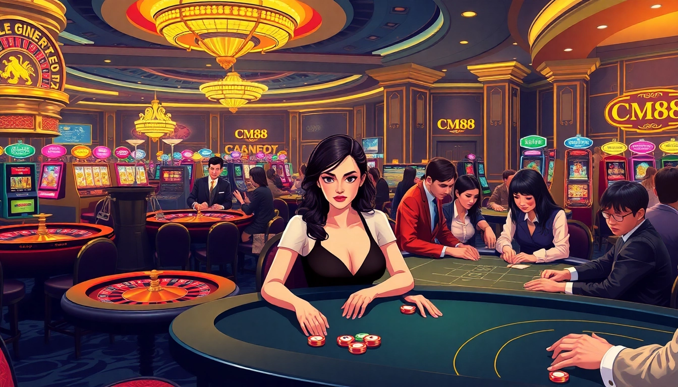 Excited gamblers enjoy table games and slot machines in a vibrant casino scene featuring CM88 branding.