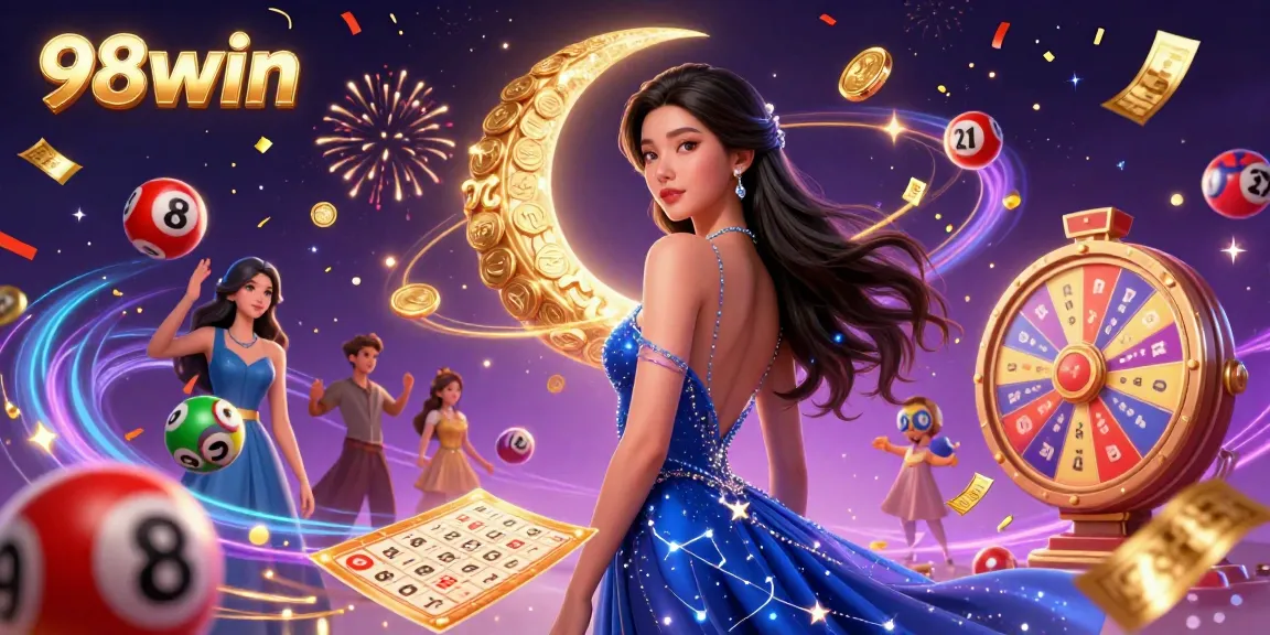 Engage with the excitement of 98win as colorful lottery elements and a stunning Asian woman blend in a dynamic casino scene.